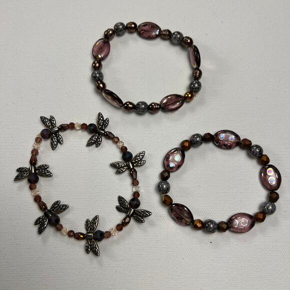 Handmade Beaded Bracelet Trio Purples Browns Dragonfly Metals - Picture 3 of 6